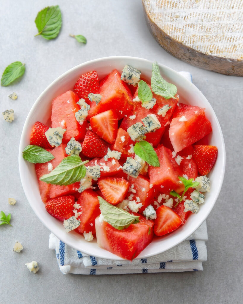 salade de fraise pastèque et bleu du vercors sassenage